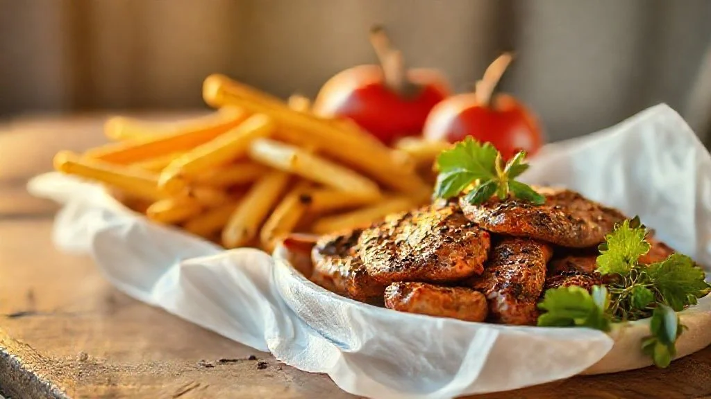 A cinematic view of an exquisitely decorated vintage grand restaurant interior, focusing on a beautifully set empty table bathed in warm, golden hour light, with antique silverware and a single heirloom tomato. The background shows blurred architectural details and subtle hints of patrons, evoking a 1950s film aesthetic of deep shadows and rich, natural colors.